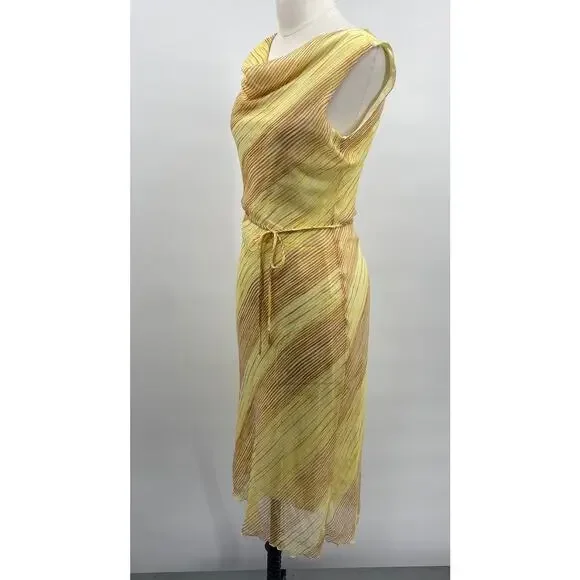 Vintage Y2k Bias Cut Cowl Neck Midi Dress Stripe Pattern Tie Waist Yellow Small - Picture 5 of 9